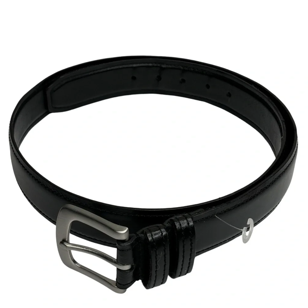 Men’s Black Leather Belt Polished Nickel (Silver/Gray Color) Size 42 / 40” Waist